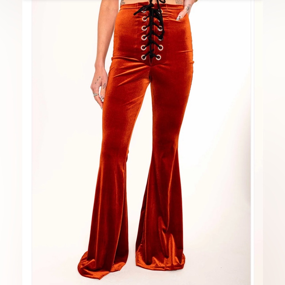 MXCI Rust Lace-Up Velvet Flare Pants